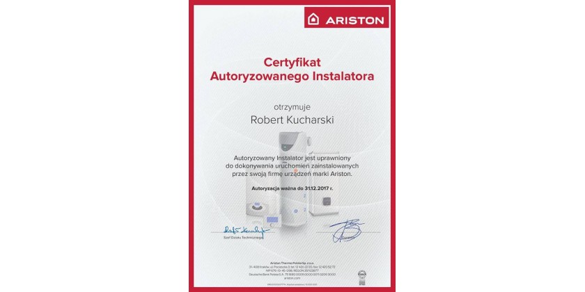 Ariston – Certyfikat Autoryzowanego Instalatora
