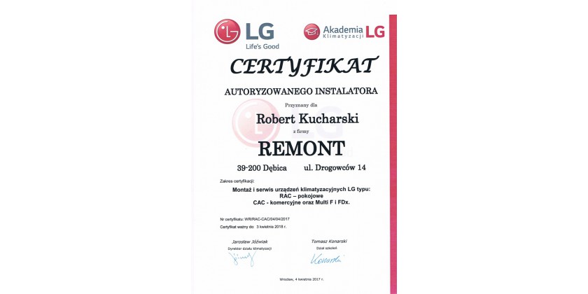 Certyfikat Autoryzowanego instalatora LG