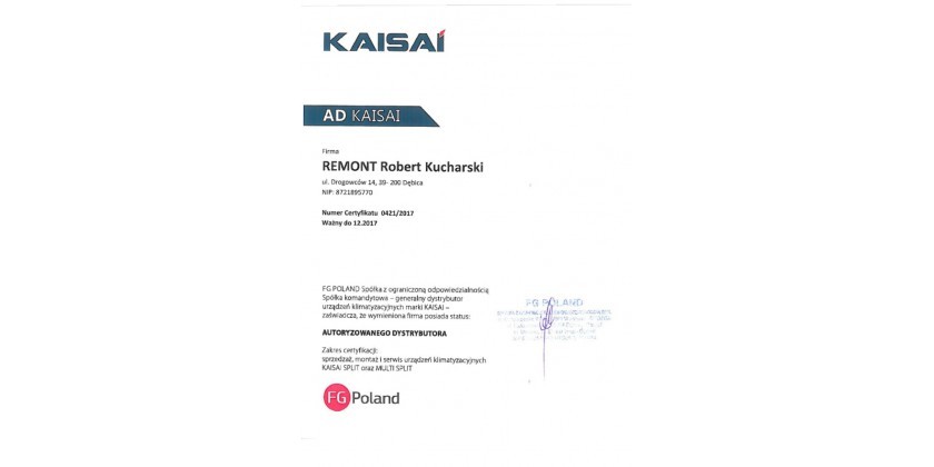 Certyfikat autoryzowanego dystrybutora KAISAI