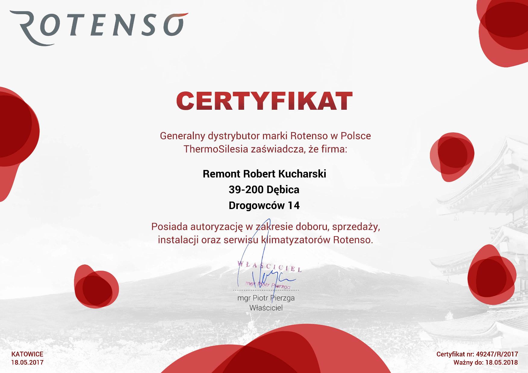 Certyfikat autoryzowanego dystrybutora ROTENSO - Remont Robert