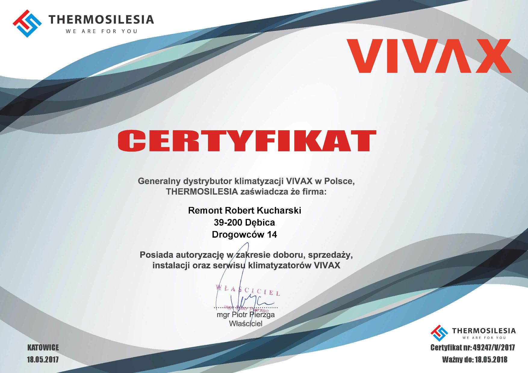 Certyfikat autoryzowanego dystrybutora VIVAX - Remont Robert Kucharski