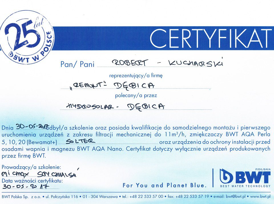 Certyfikat Zmiękczacze BWT AQA Perla