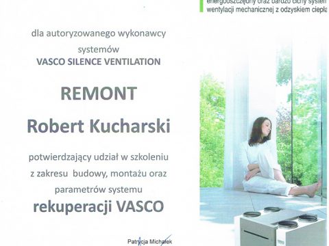 Certyfikat autoryzowanego wykonawcy rekuperacji Vasco