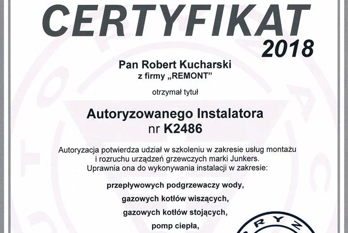 Certyfikat autoryzowanego instalatora marki Junkers Bosch