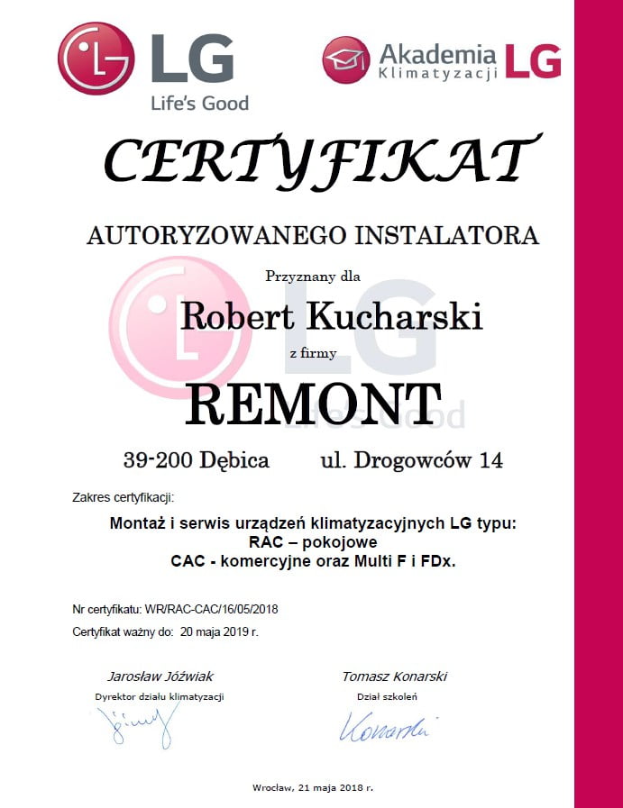 Certyfikat autoryzowany instalator klimatyzacji LG