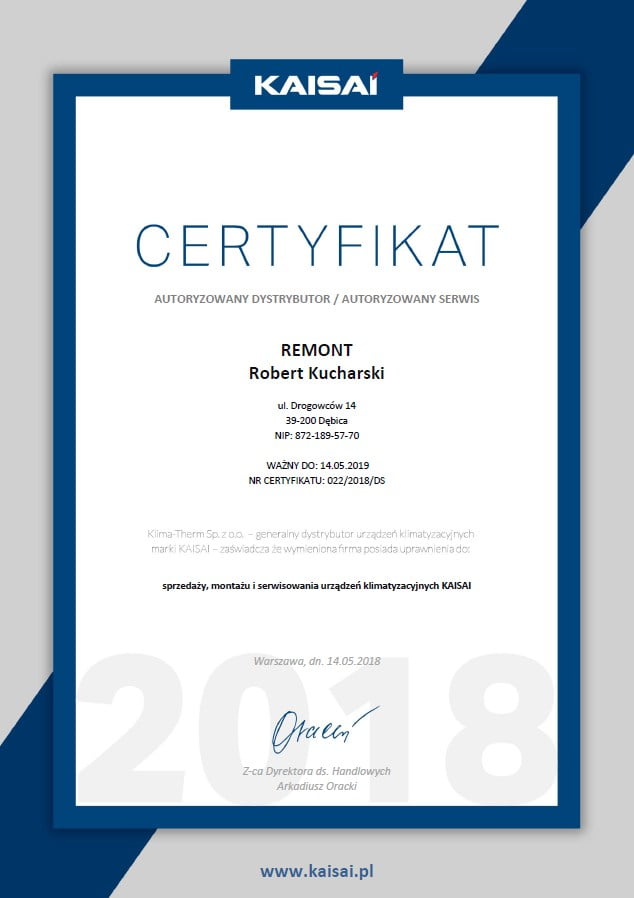 Klimatyzacja Kaisai 2018 - Certyfikat Autoryzowany dystrybutor - serwis
