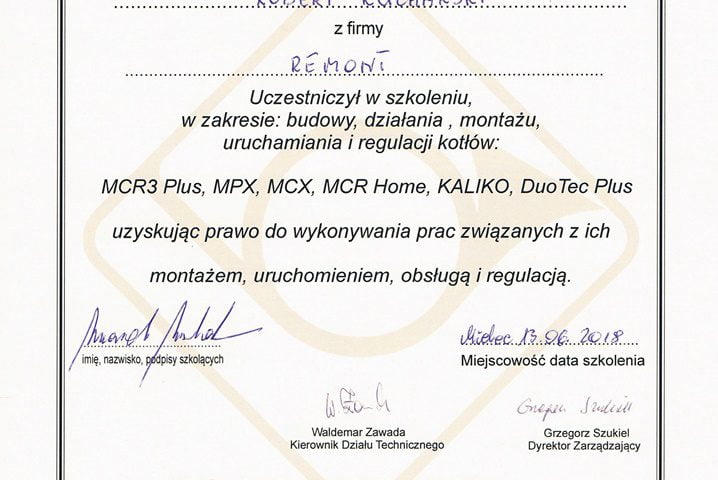 De Dietrich - świadectwo autoryzacji uruchamiania i regulacji kotłów MCR3 Plus, MPX, MCX, MCR Home, KALIKO, DuoTec Plus