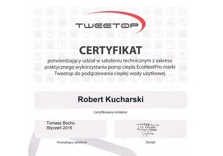Certyfikat tweetop ecoheat pro