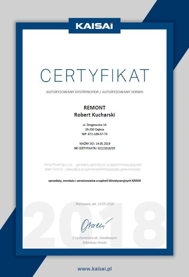 KAISAI certyfikat - 2018