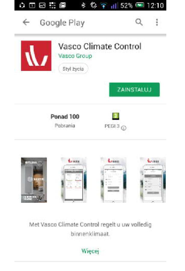 Bramka Vasco WiFi - W Google Play wyszukać aplikację Vasco Climate Control