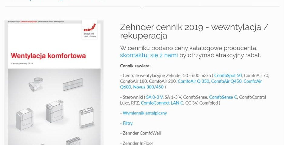 Cennik Zehnder wentylacja komfortowa ( rekuperacja ) 2019