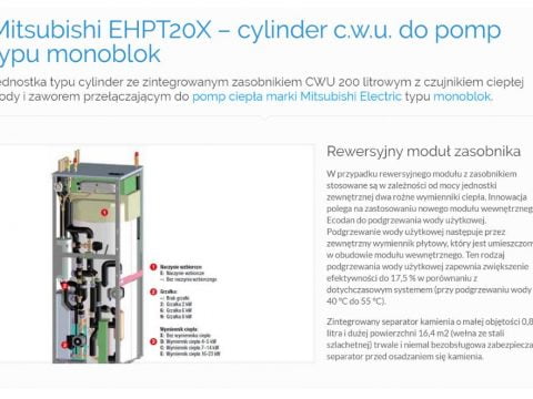 Mitsubishi EHPT20X – cylinder c.w.u. do pomp typu monoblok