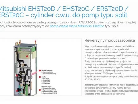 Mitsubishi EHST20D - EHST20C - ERST20D - ERST20C – cylinder c.w.u. do pomp typu split