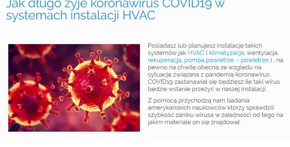 Jak długo żyje koronawirus COVID19 w systemach instalacji HVAC