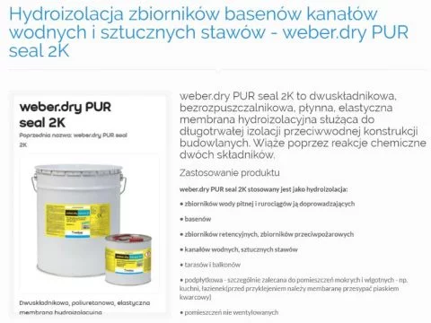 Hydroizolacja zbiorników basenów kanałów wodnych i sztucznych stawów - weber.dry PUR seal 2K - K1