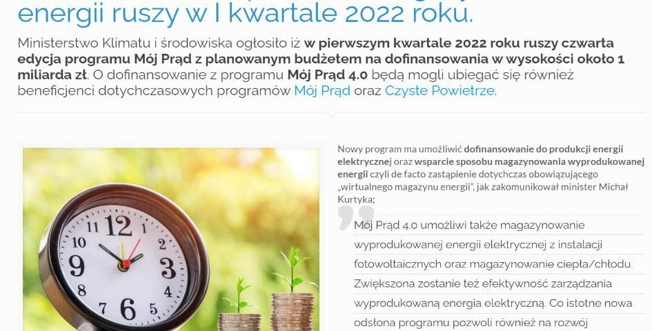 Mój Prąd 4.0 – nowe dofinansowanie do fotowoltaiki oraz sposobów magazynowania energii ruszy w I kwartale 2022 roku